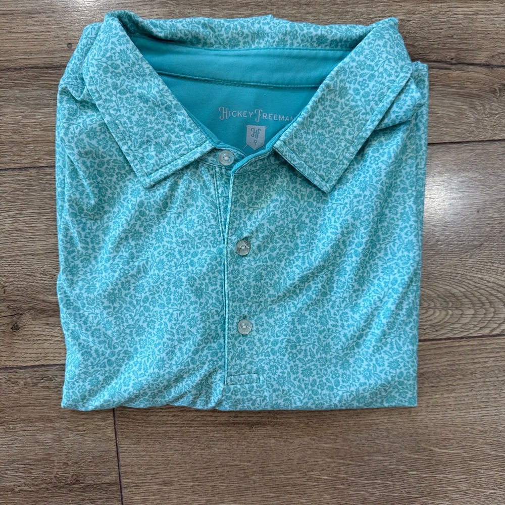 Hickey Freeman Shirt Mens‎ XL Green Floral Polo Golf Short Sleeve Button Up